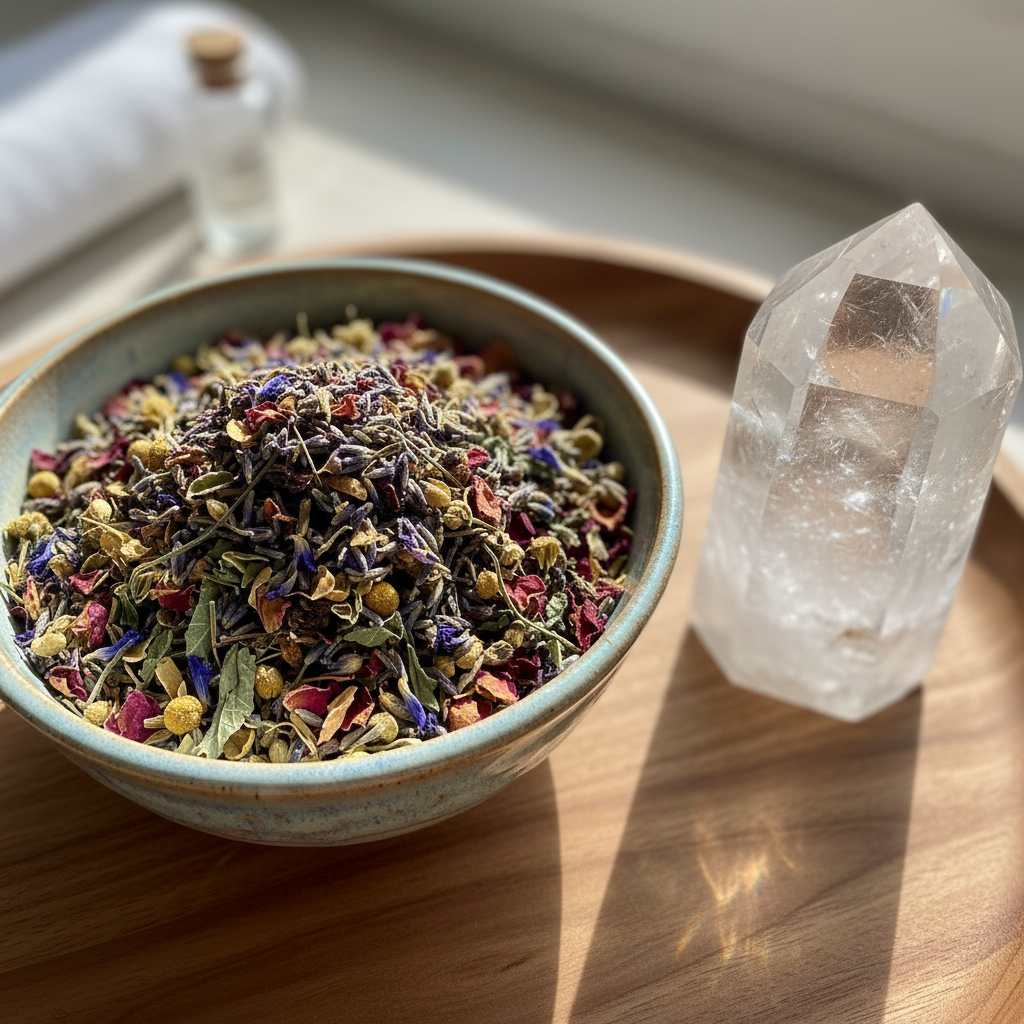 7 Chakras Spiritual Bath product photo with herbs and clear quartz