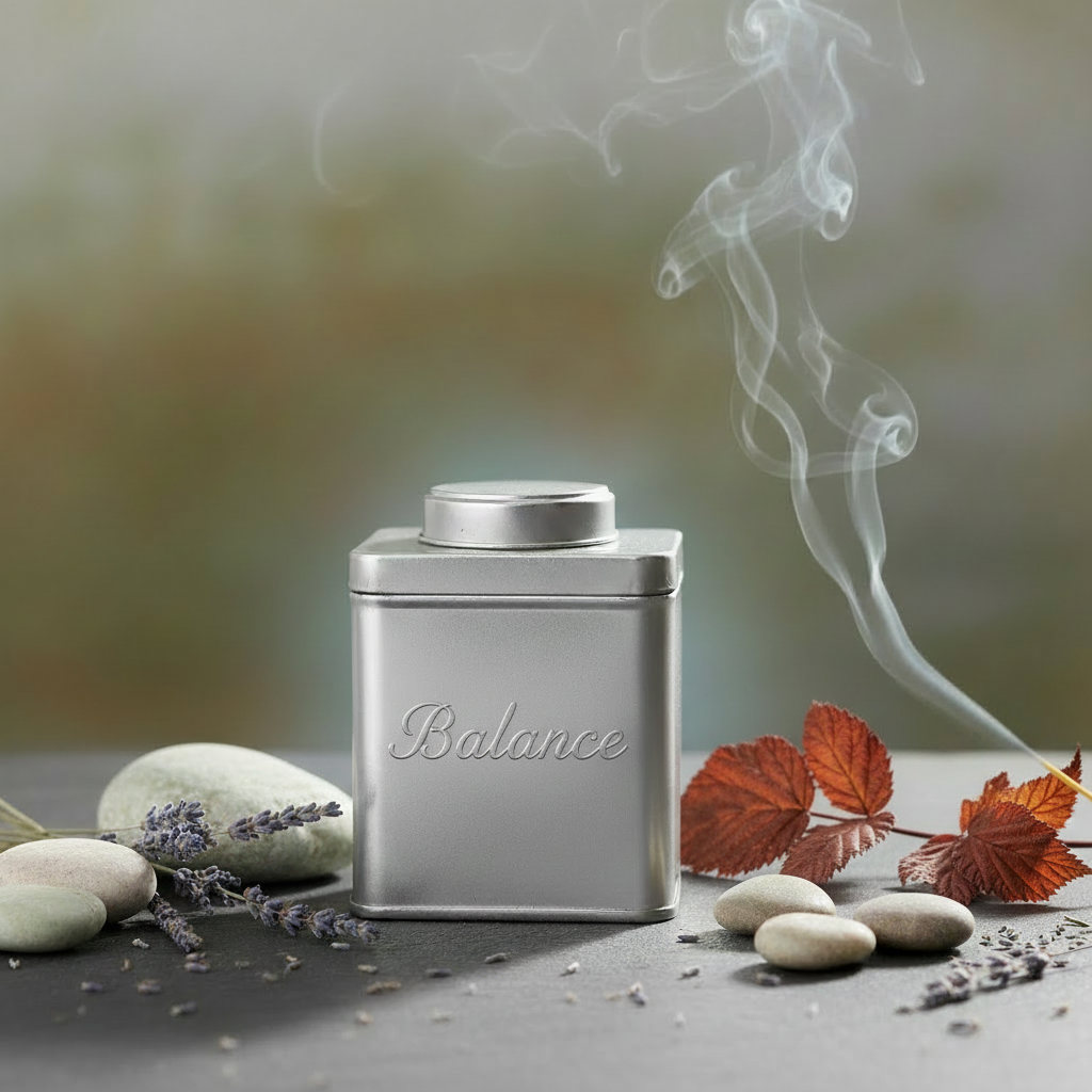 Balance silver tea tin with red raspberry leaf in calming spiritual setting