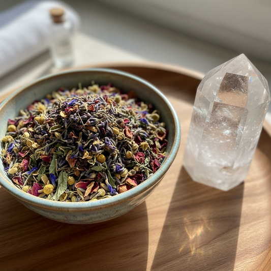 7 Chakras Spiritual Bath product photo with herbs and clear quartz