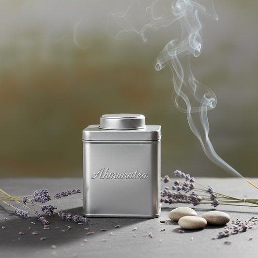 Ahmunatea silver tea tin in calming spiritual setting