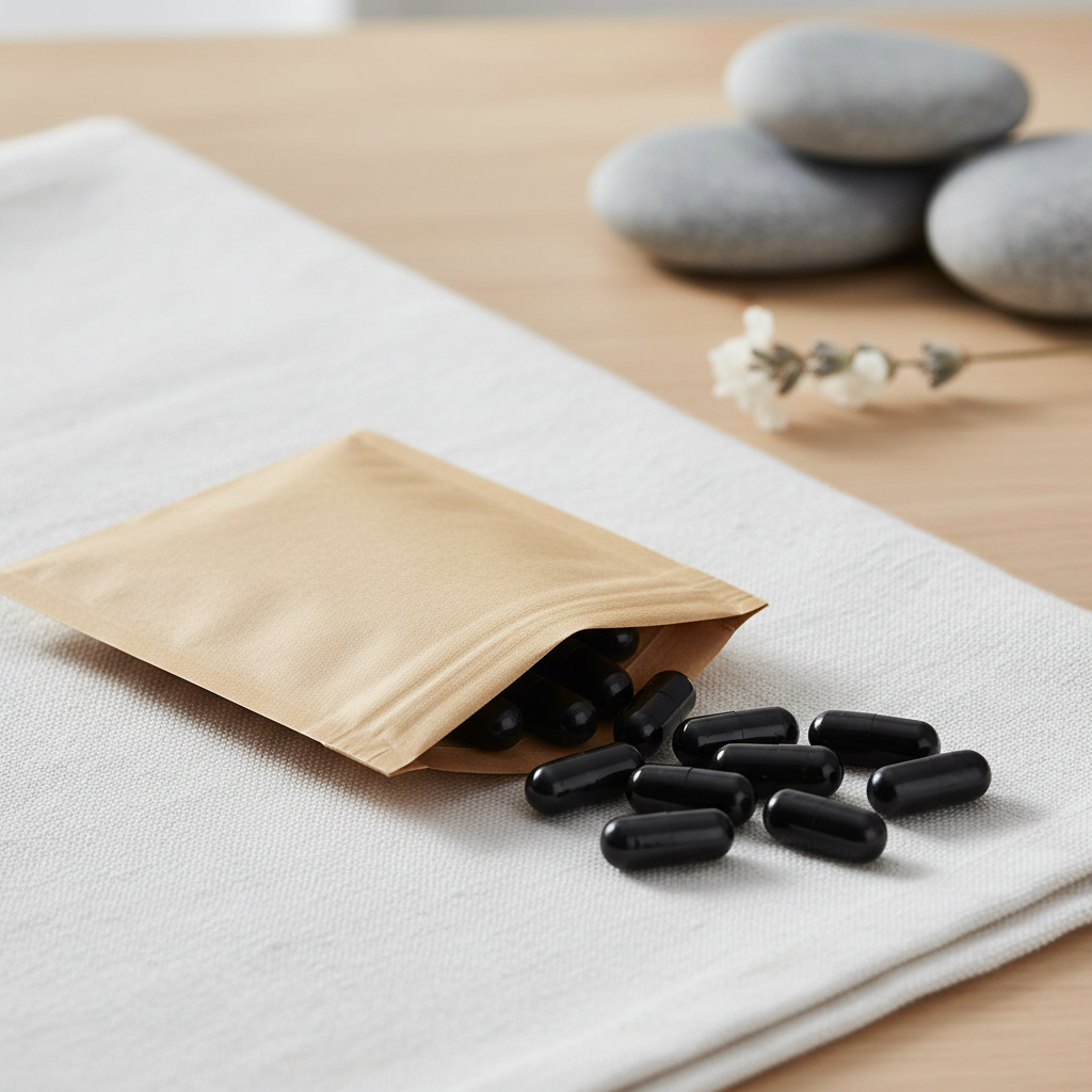 Brown craft paper pouch with black capsules
