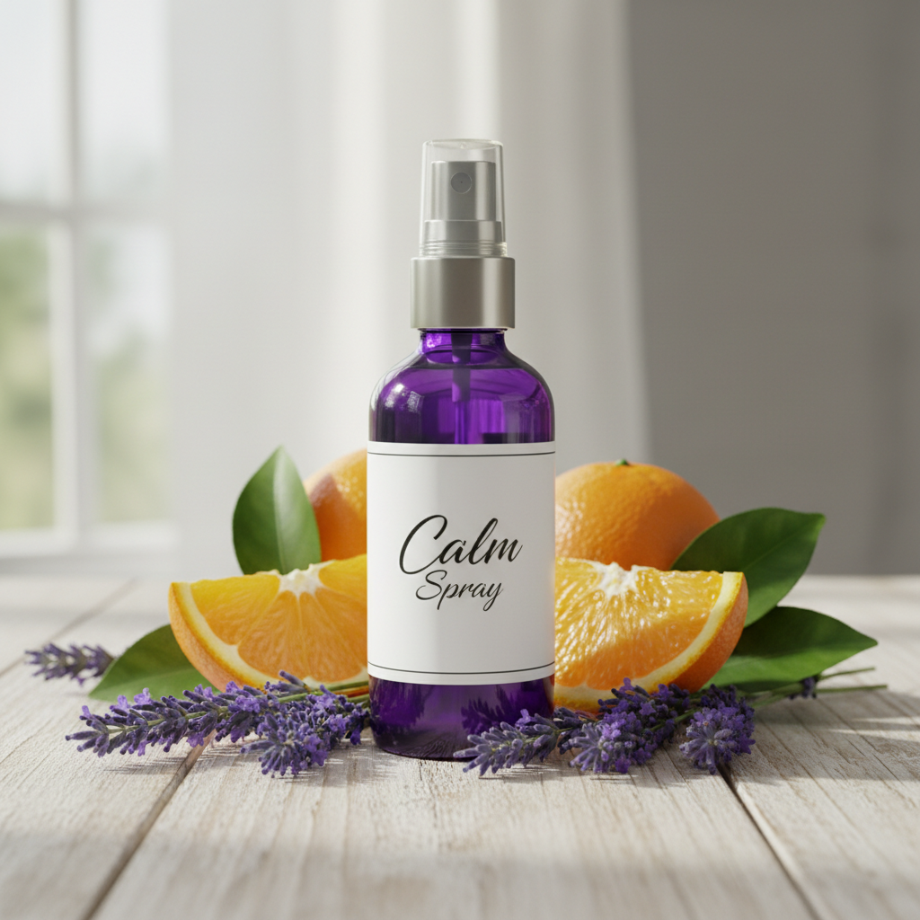 Calm Spray with purple bottle, lavender and sweet orange