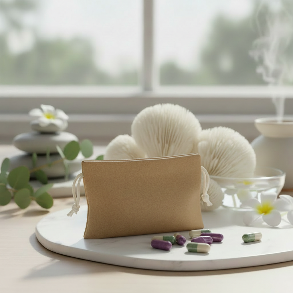 Plain brown craft paper pouch with purple capsules and lion's mane