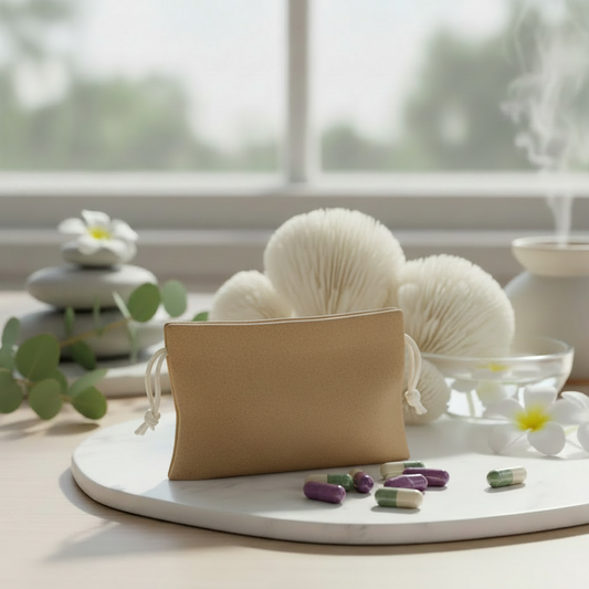 Plain brown craft paper pouch with purple capsules and lion's mane