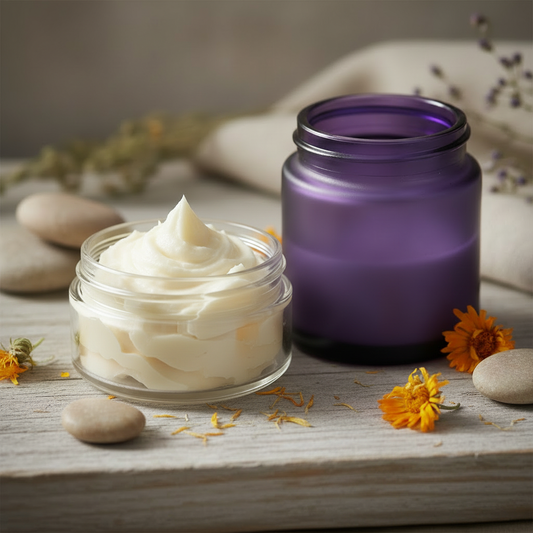 Whipped shea butter with purple jar and calendula in calming spiritual setting